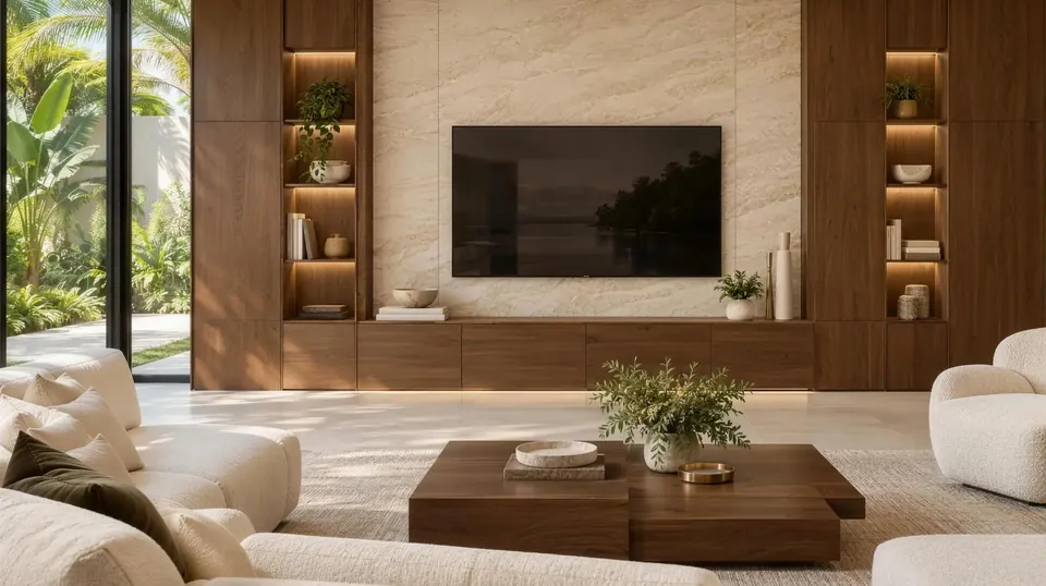 Bright living room with a travertine-look panel TV wall between walnut shelving and a tropical garden beyond the glass