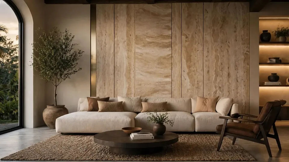 Living room with a travertine-look panel wall beside a warm white painted wall, a cream sofa and an arched garden window at dusk