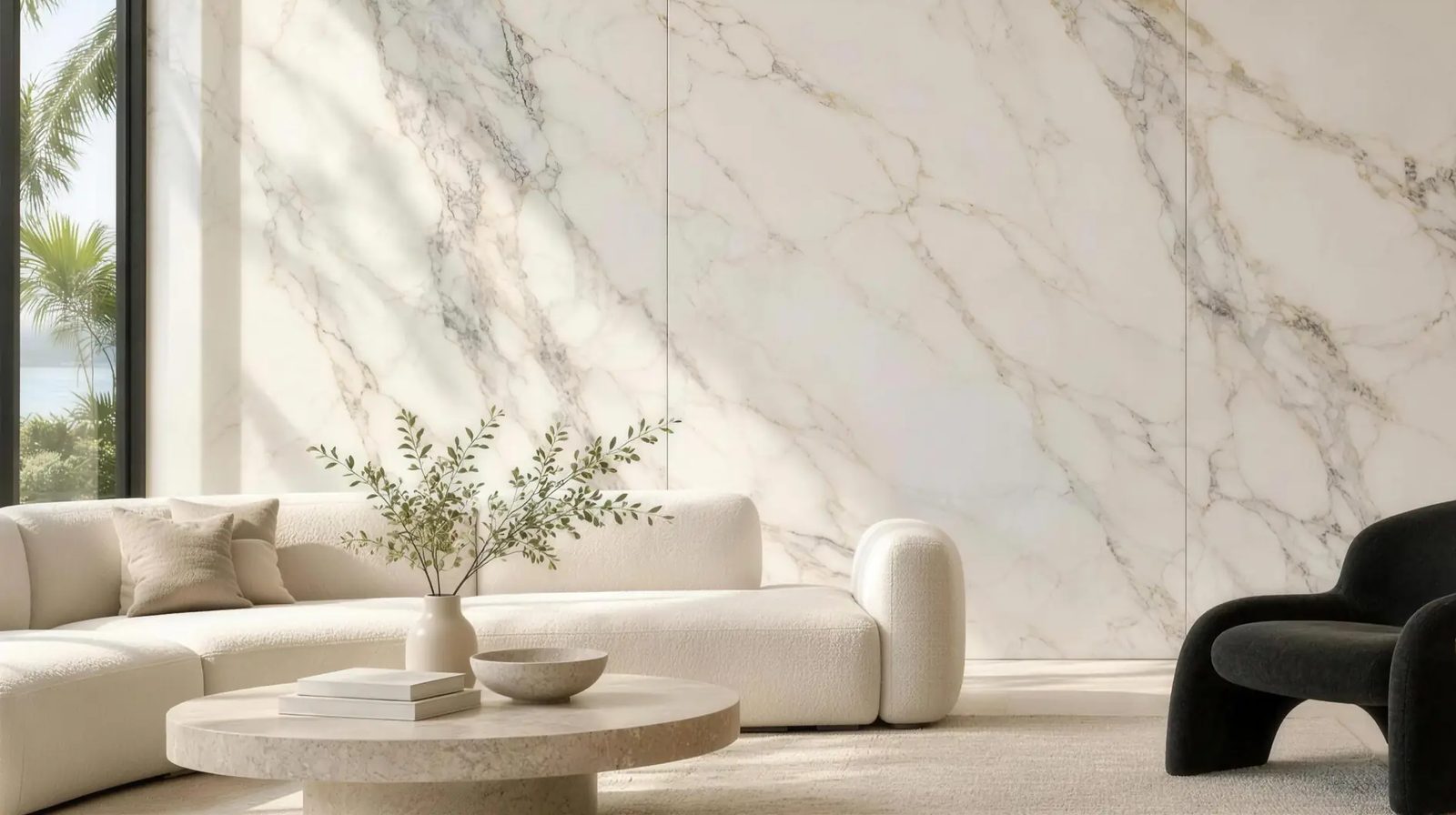 Bright living room with a full-height Calacatta marble-look panel wall, a curved white sofa and a round stone coffee table