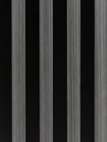 Carbon Gray Fluted boards, close-up of the face: gray wood-grain ribs, black grooves