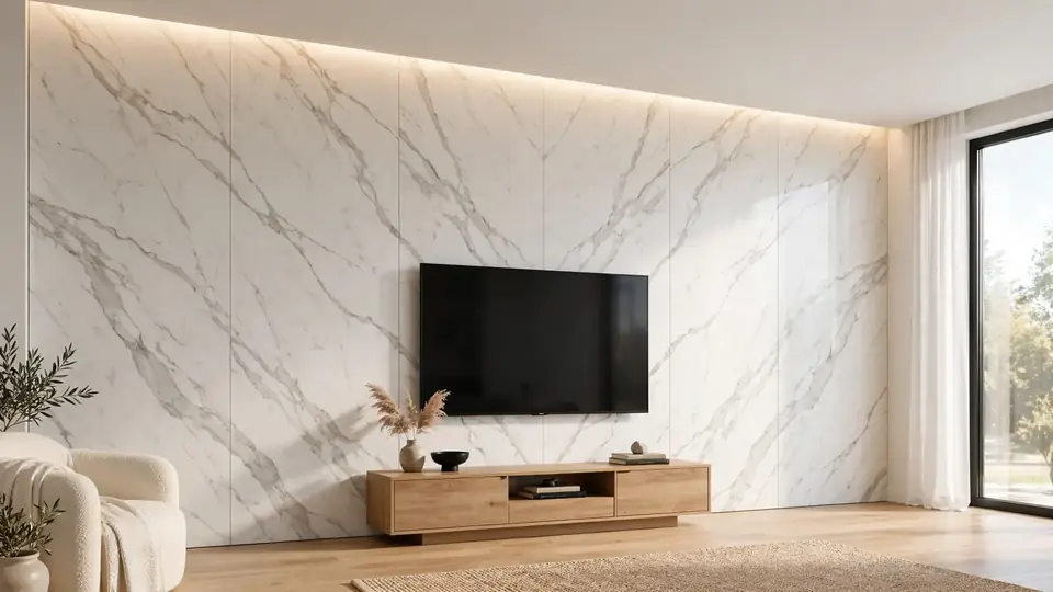 Calacatta marble-look panel wall with long gray veining, a TV and an oak floating console in a bright living room
