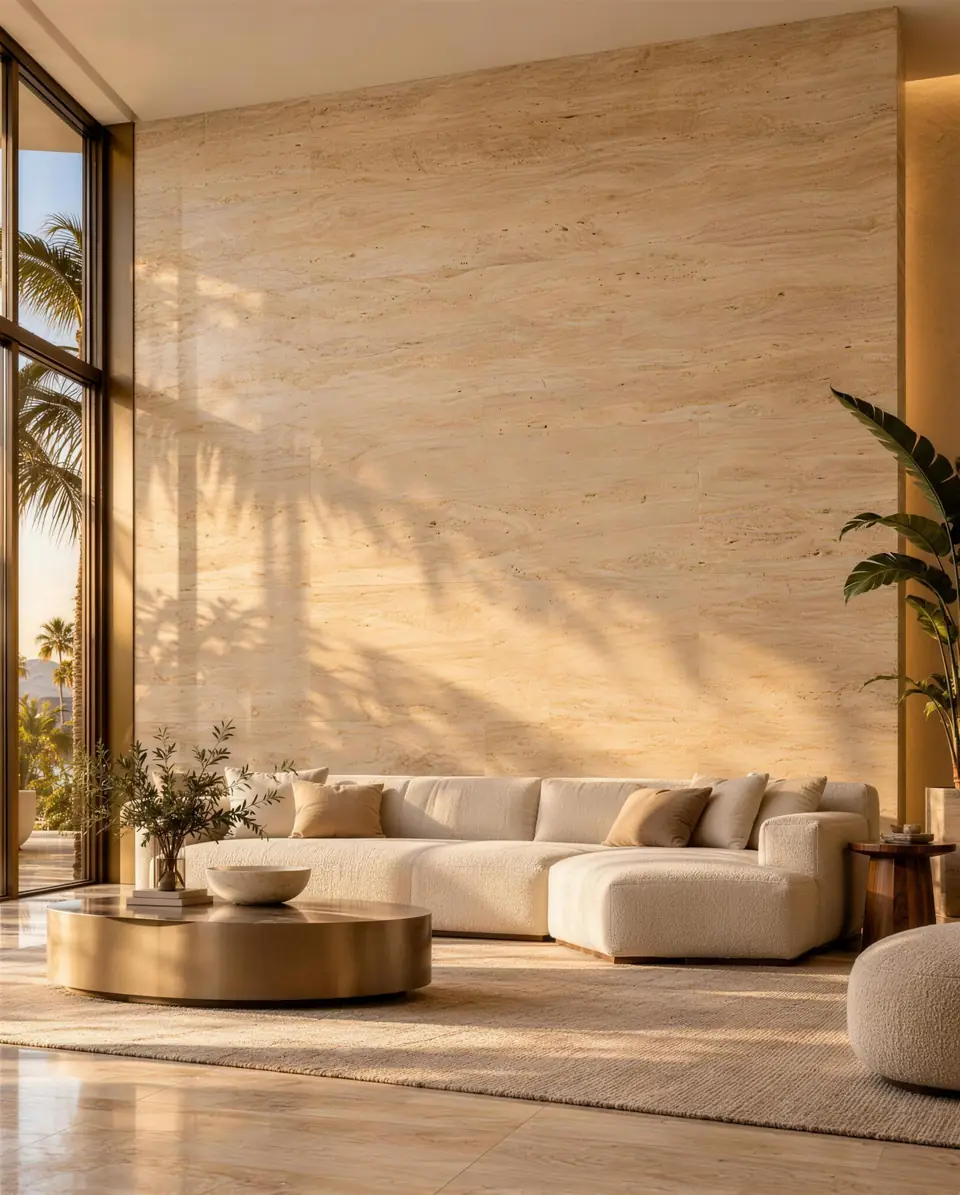 Pricing guide cover: a honed travertine wall with palm shadows in a double-height living room