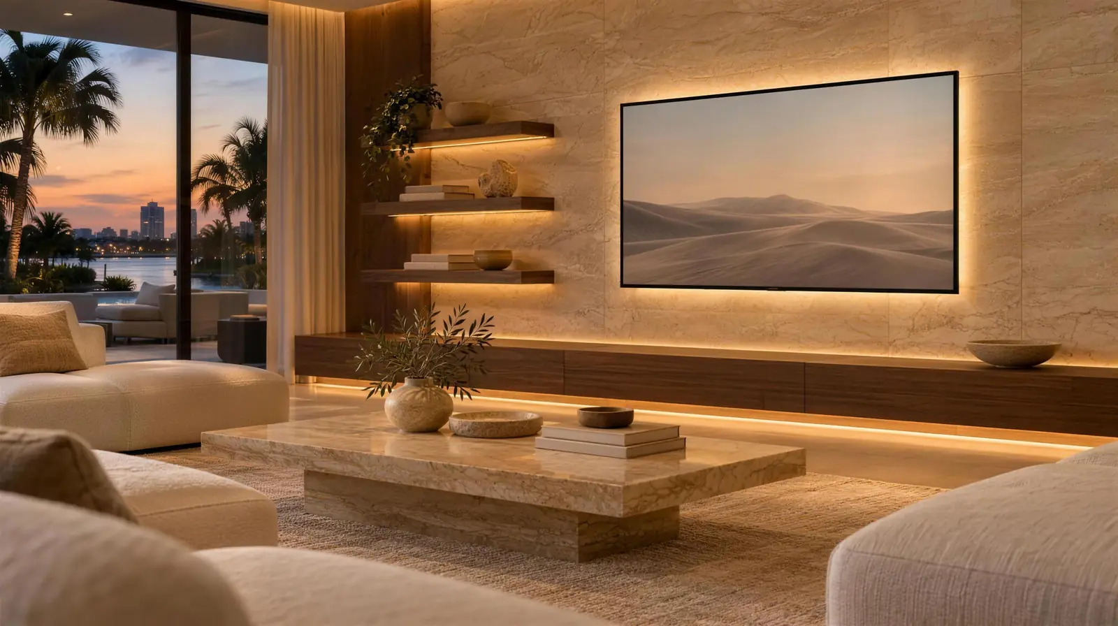 Travertine-look media wall with a backlit TV, walnut floating shelves and an LED-lit console at dusk