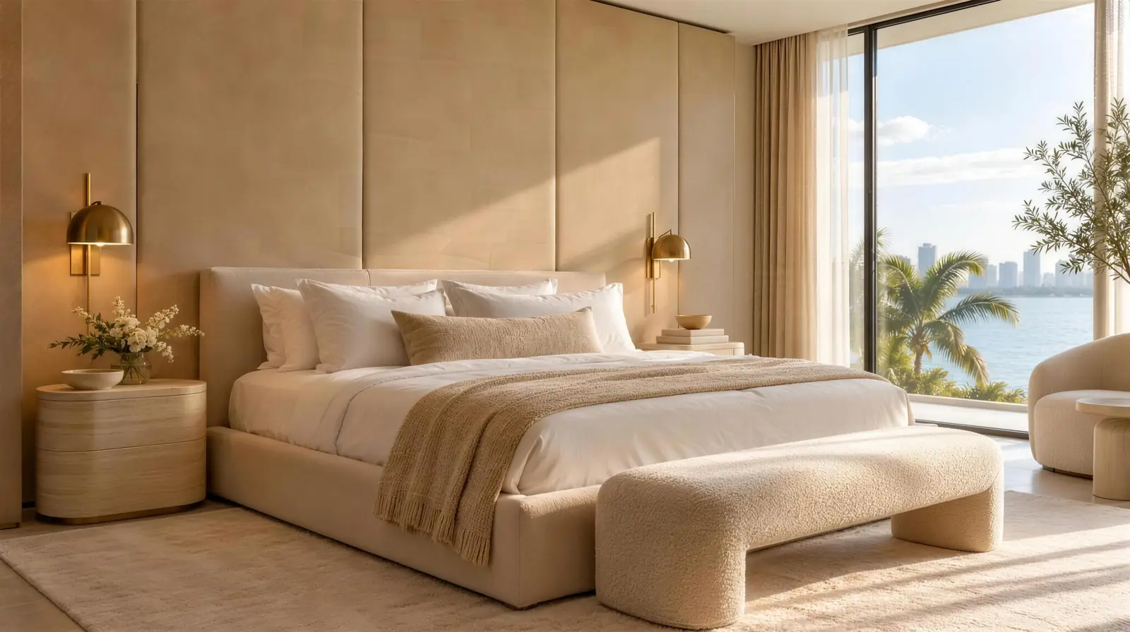Bedroom wall of tall soft velour panels behind the bed, beside a window with a water view