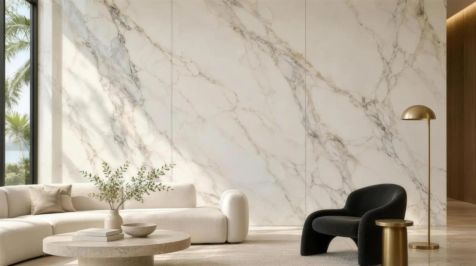 Calacatta marble-look wall with gray and gold veining in a bright living room with palms at the window, a cream sofa and a black lounge chair