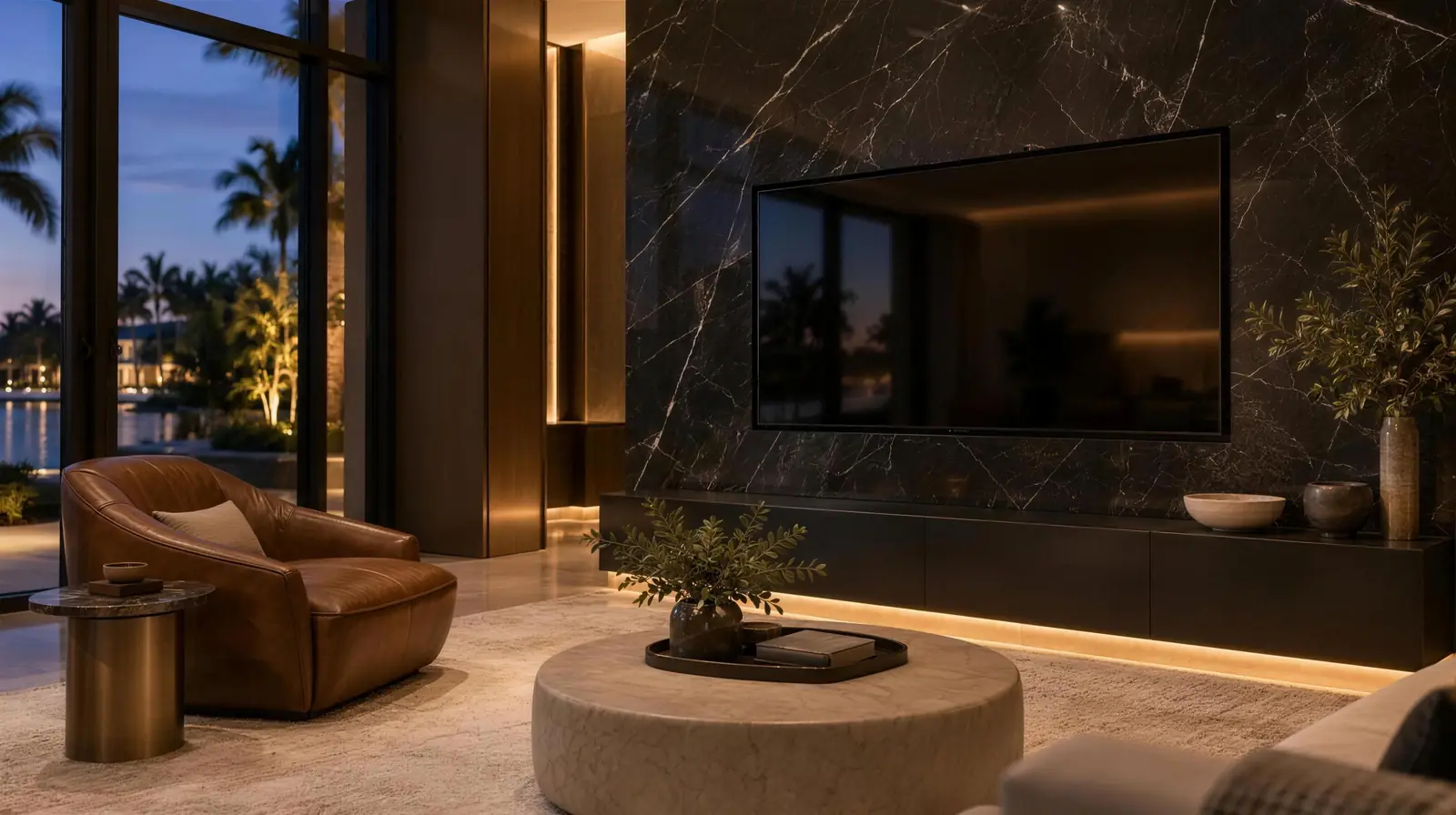 Black marble-look TV wall with white veining and an LED-lit floating console in a living room at night