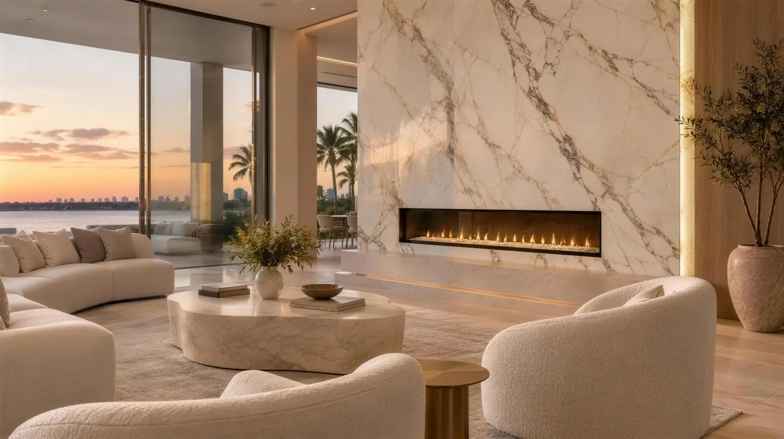 Gold-vein Calacatta marble-look fireplace wall with a linear fireplace in a living room at sunset