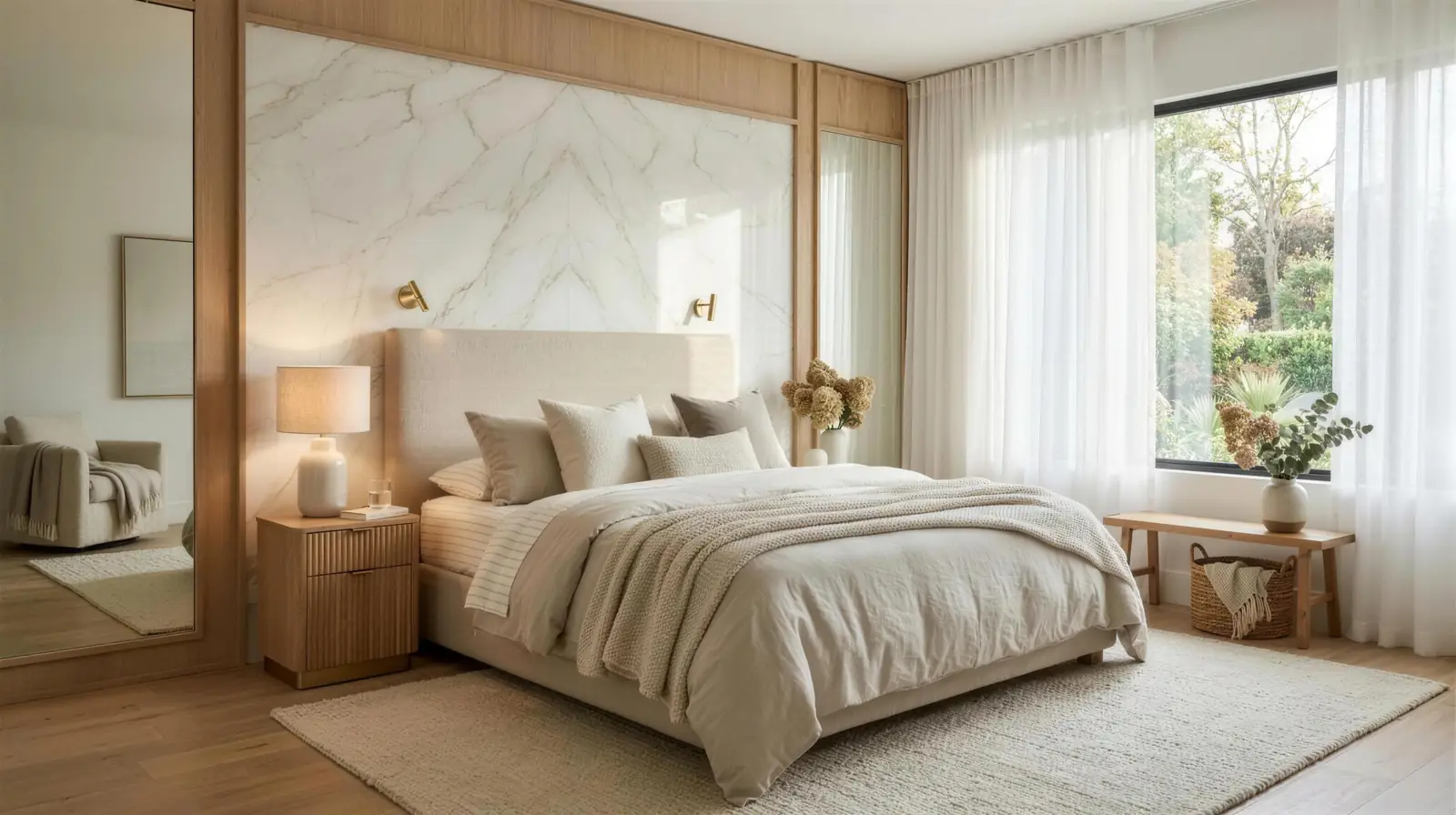 Calacatta marble-look headboard wall framed by light oak panels in a calm bedroom