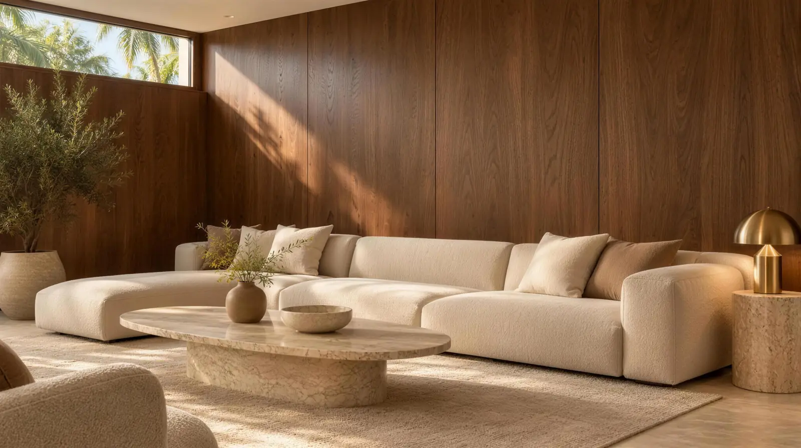 Walnut wood veneer panel wall in a sunlit living room