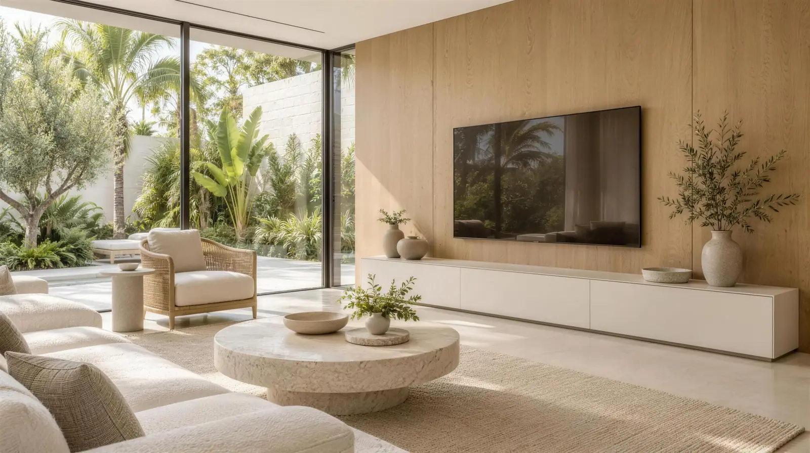 Light oak veneer TV wall with a long white floating console, beside floor-to-ceiling windows onto a tropical garden