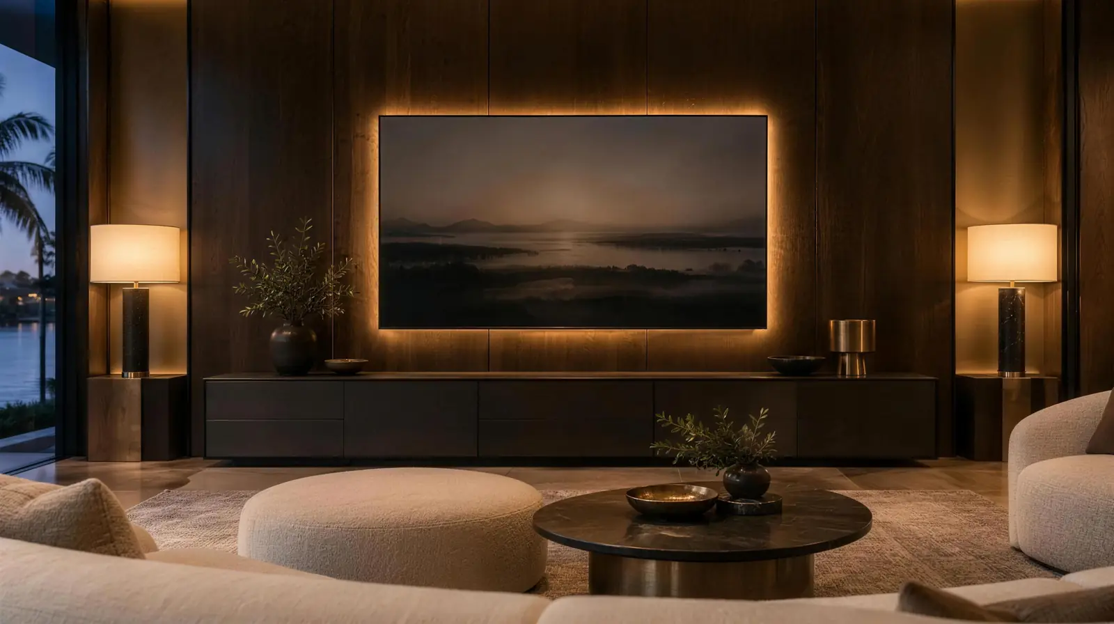 Dark walnut veneer media wall with an LED halo behind the TV in the evening