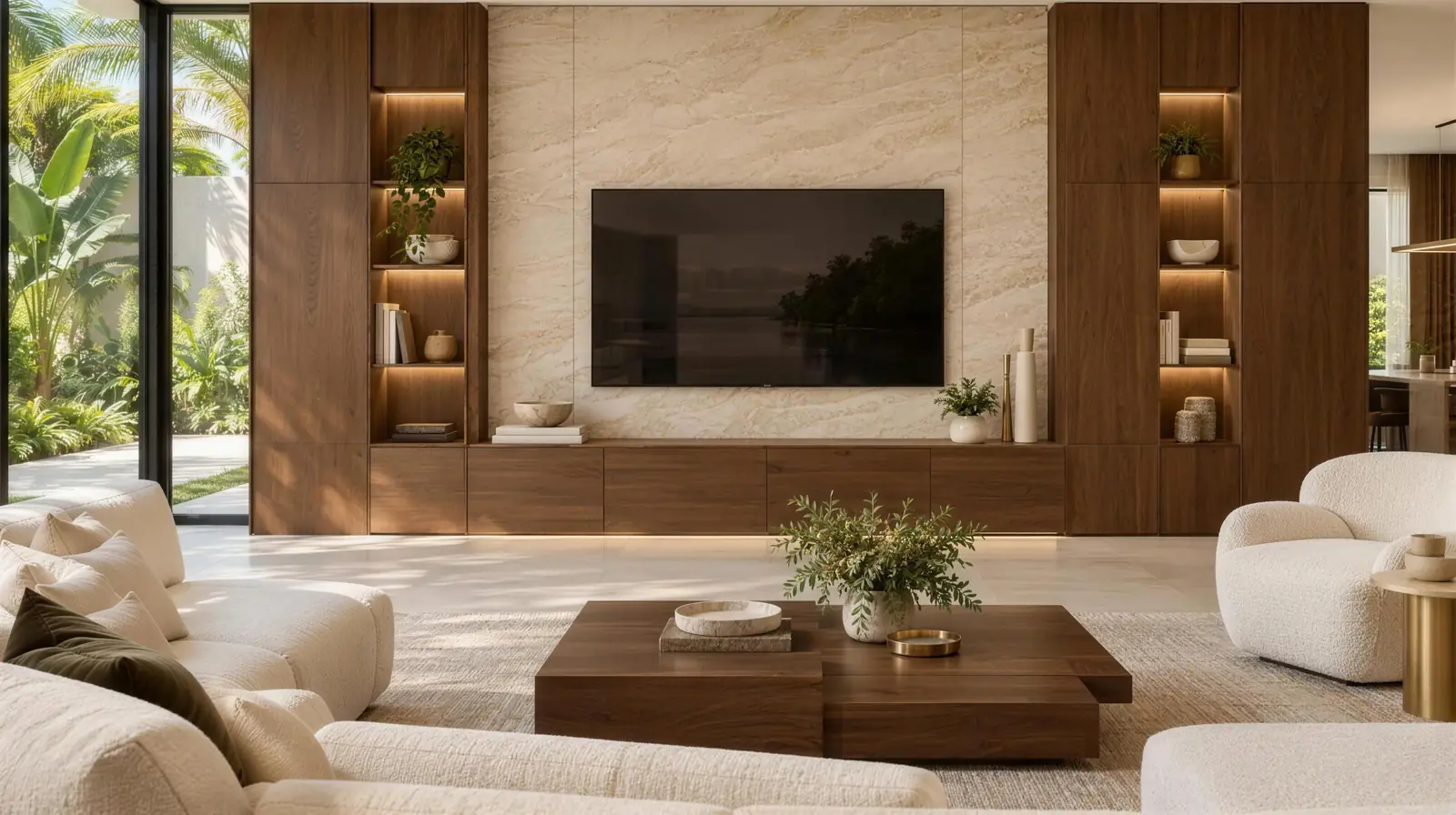 Living room with a travertine-look panel TV wall framed by full-height walnut veneer built-ins with lit shelves