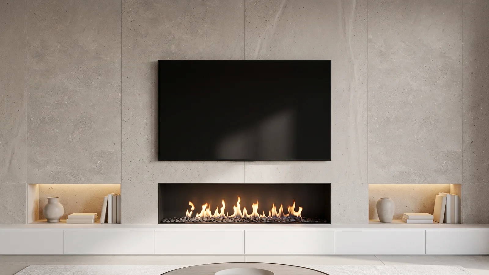 Greige stone-look media wall with a linear fireplace and lit niches in a bright living room