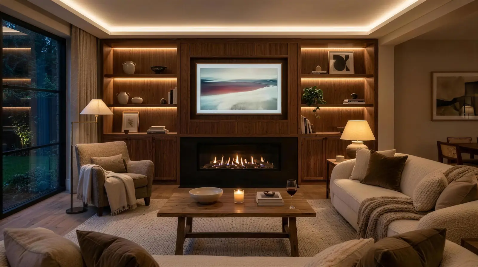 Den with a walnut built-in wall, LED-lit shelving and a linear fireplace