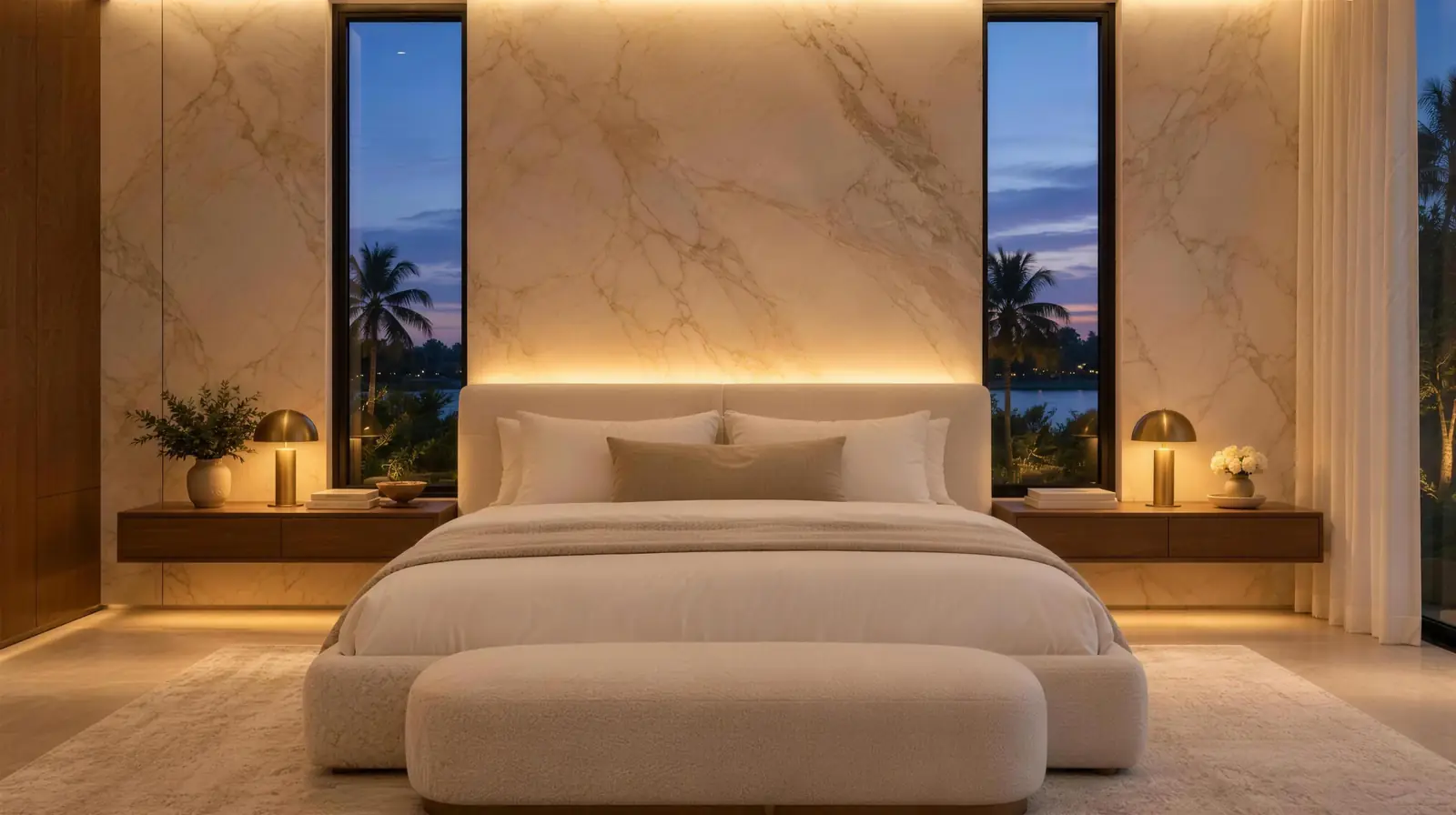 Marble-look bedroom wall with an LED wash behind the headboard, between two tall windows at dusk