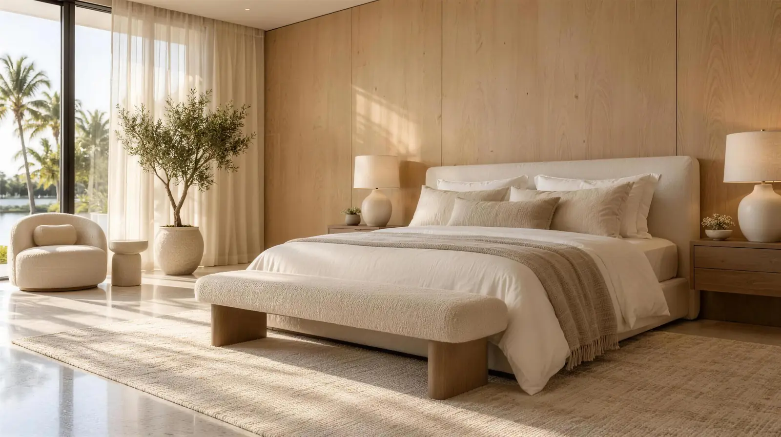Light oak veneer bedroom wall in a sunlit room with a water view