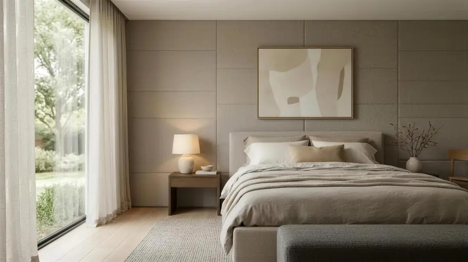 Bedroom wall of large taupe upholstered panels behind the bed, beside a tall garden window