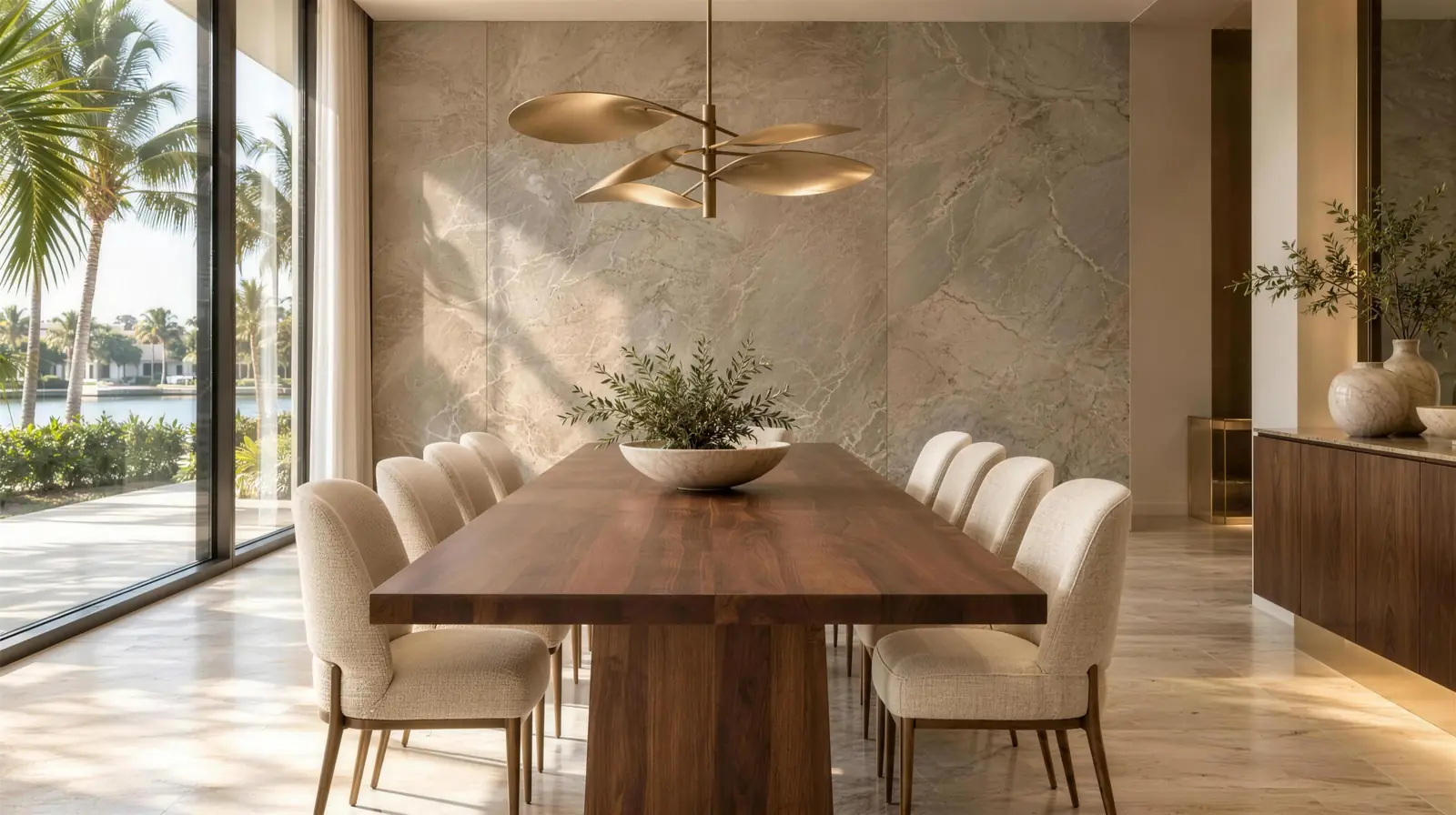 Dining room with a greige stone-look panel wall, a walnut table, cream chairs and palms at the window