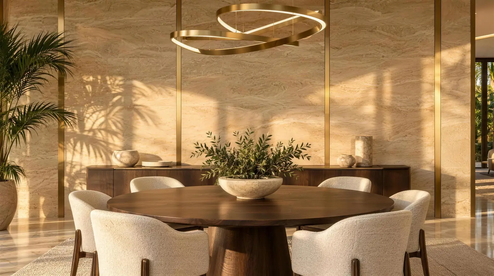 Travertine-look dining room wall with slim brass inlay strips and a round walnut table in warm afternoon light