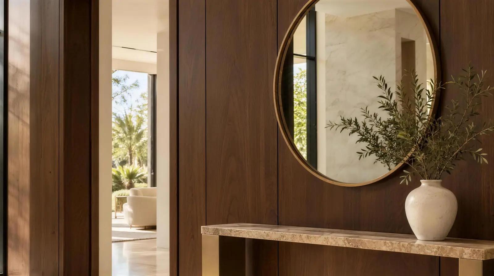 Entry with walnut veneer wall panels, a round mirror and a stone console, with a view to a sunlit room