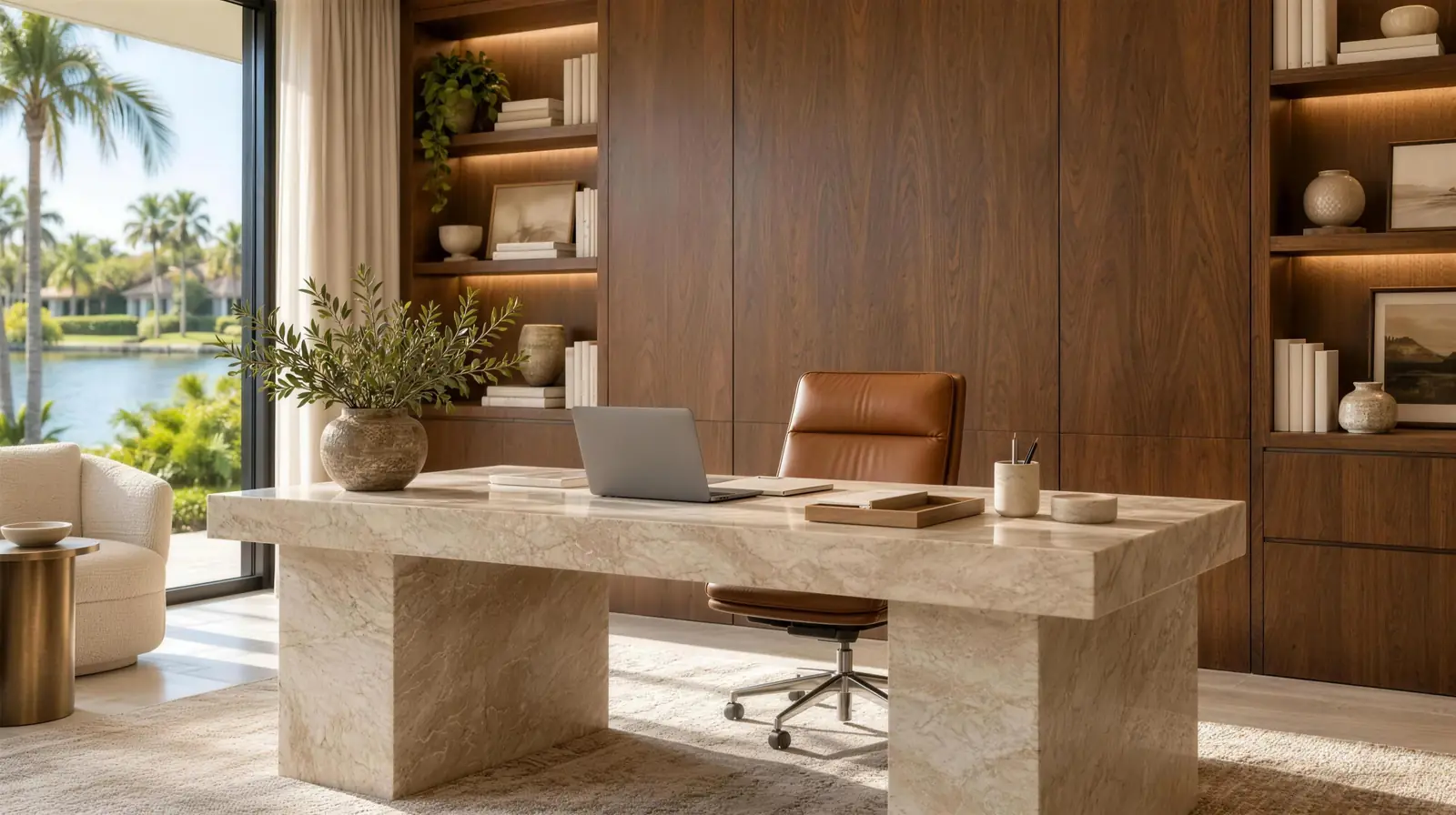 Home office with a walnut veneer wall, lit built-in shelving and a travertine desk