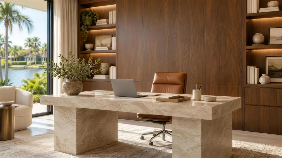 Home office with a walnut veneer wall, lit built-in shelving and a travertine desk