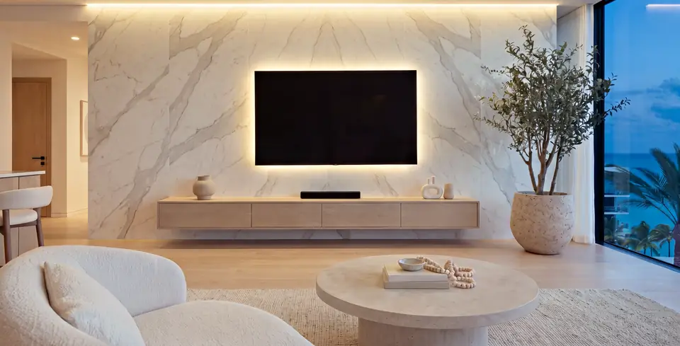 Living room with a Calacatta marble-look wall, a warm LED line along the ceiling and a glow behind the TV